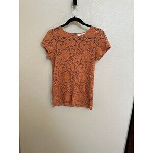 Ann Taylor Loft Womens Lace Orange Blouse Small short sleeve round neck cotton